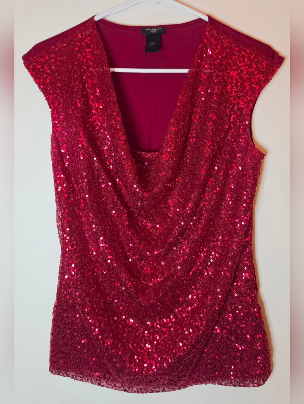 Ann Taylor Red Sequin Cowl Neck Sleeveless Top